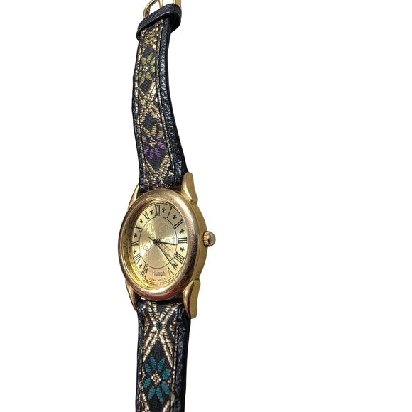 Vintage Triumph With Black & Multicolor Embroidered Strap Roman Numerals Quartz - Picture 8 of 10